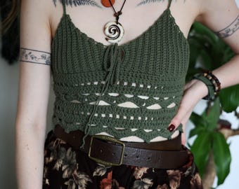 Fairycore Crochet Top – Sage Green Summer Crop – Handmade Festival Bralette