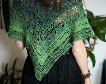 Crochet Forest Shawl – Handmade Cotton Wrap in Earthy Green Gradient