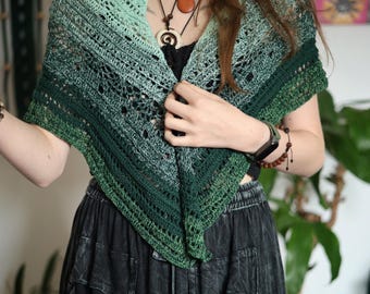 Crochet Forest Shawl – Handmade Cotton Wrap in Earthy Green Gradient