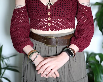 Boho Crochet Top with Detachable Sleeves - Wine Red Cotton Blouse