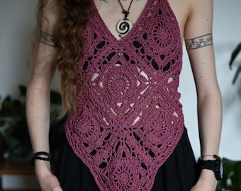 Handmade Crochet Halter Top 100 Cotton Boho Mandala Crop Top Open Back Festival Shirt One Size Adjustable Dusty Rose Top