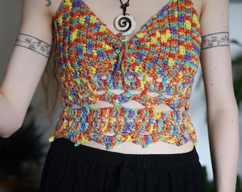 Handmade Crochet Top 100 Cotton Colorful Boho Festival Crop Top Adjustable Tie Straps Hippie Summer Tank