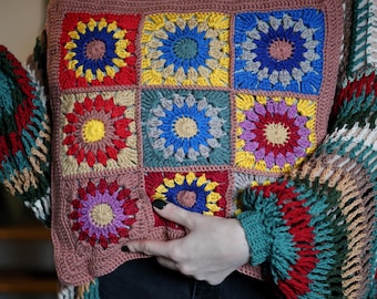 Handmade Crochet Pillow Cover 40x40 cm - Granny Squares, Double Sided