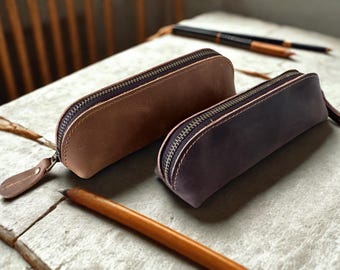 Leather Pencil Case Personalized, Handmade Pen Case, Hand Crafted Cosmetic Case, Pen Pouch,  Gift for Teacher & Office