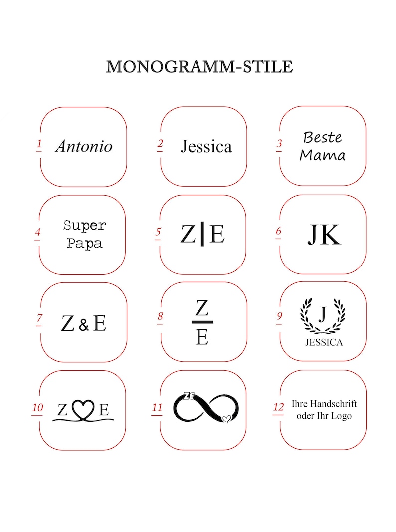 K&ouml;nnte beinhalten: Eine &Uuml;bersicht mit dem Titel MONOGRAMM-STILE zeigt zw&ouml;lf nummerierte Optionen f&uuml;r individuelle Text- und Monogramm-Designs. Jede Option ist in einem roten Quadrat mit abgerundeten Ecken dargestellt, inklusive verschiedener Schriftarten und Symbole.