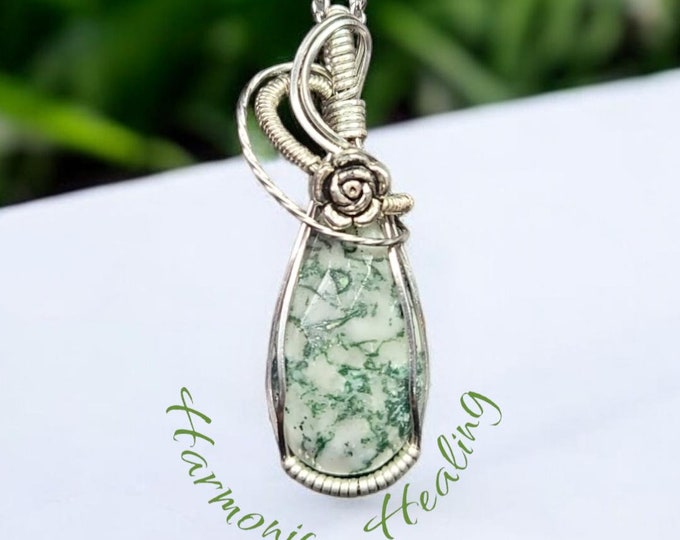 Tree Agate wrapped necklace, wire wrap, pendant, sterling silver, Tree Agate, nature, stability, heart chakra, gift for her.