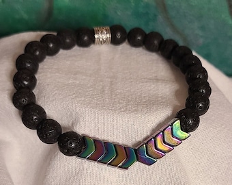 7 inch stretch bracelet, arrow beads, hematite bracelet, lava bead, essential oil bracelet, colored bead.