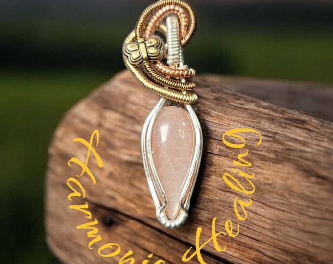 Peach, Moonstone, wrapped necklace, wire wrapped pendant, sterling silver wrapped Moonstone, Small Pendant, intuition, emotional healing.
