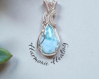 Larimar, pendant, necklace, sterling silver, calming, inner peace, communication, blue, throat chakra, gift for her, handmade, wire wrapped