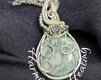 Tree Agate, pendant, necklace, gifts for her, grounding, stability, connection with nature, enhancing communication, intuition, wire wrap.