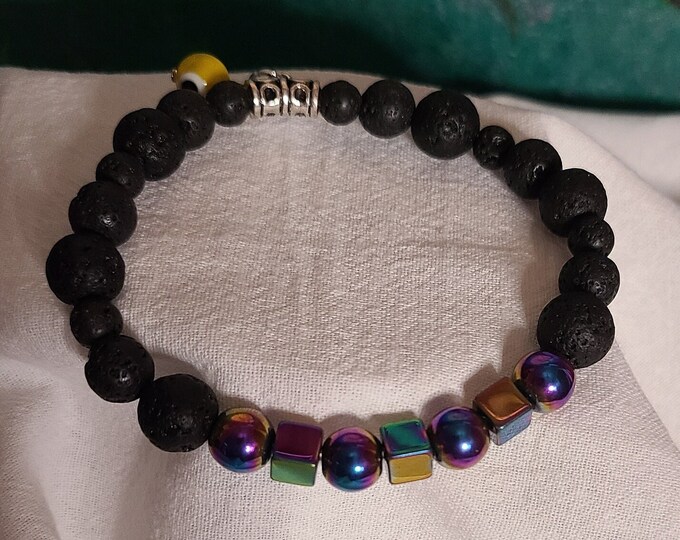 7 inch stretch bracelet, square and round beads, hematite bracelet, lava bead, essential oil bracelet, colored bead.