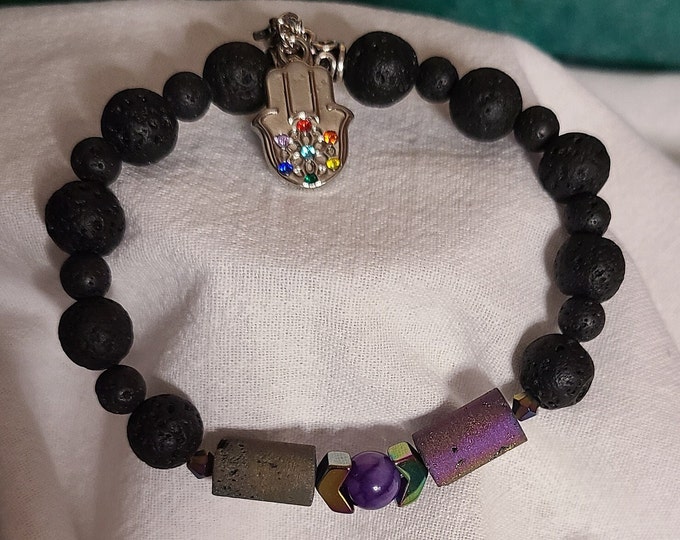 7 inch stretch bracelet, arrow beads, hematite bracelet, lava bead, essential oil bracelet, colored bead, Hamsa charm, chakra, purple agate.