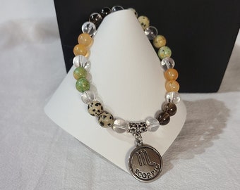 7 in stretch bracelet, Scorpio Bracelet, Zodiac Bracelet, Dalmatian jasper, smoky quartz, Turquoise, Carnelian, clear quartz bracelet.
