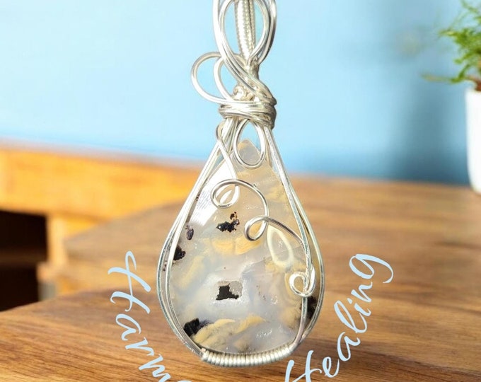 Dendritic Tiger Agate wrapped necklace, wire wrapped pendant, Sterling Silver wrap, Large Pendant, Protection, Eliminate Negativity, clarity