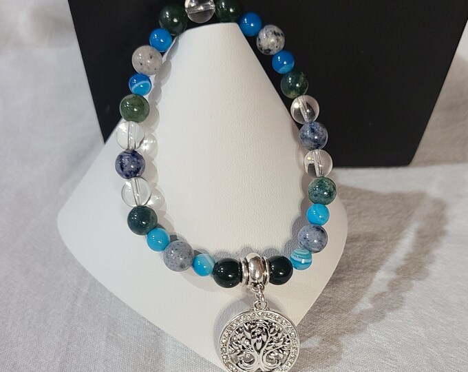 7 inch stretch bracelet, Wellness gemstone bracelet, Tree of life bracelet, bloodstone, quartz, blue agate, dumortierite.