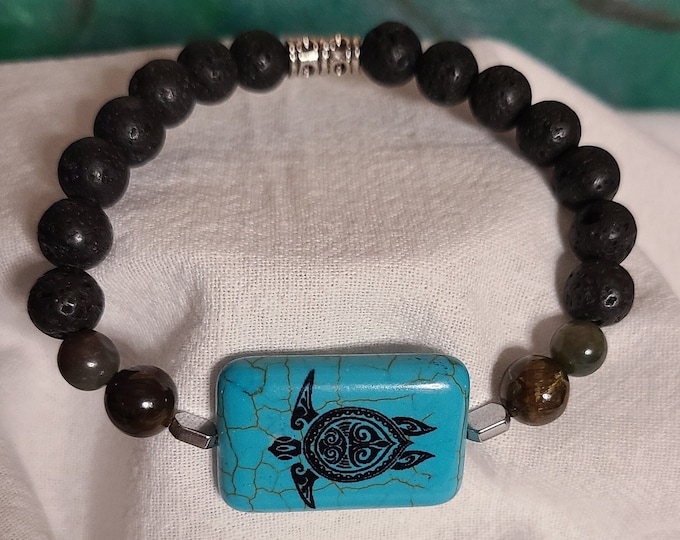 7 inch stretch bracelet, gemstone bracelet, turtle, lava bead, essential oil lava bead bracelet, turquoise colored bead, tigers eye, jasper!