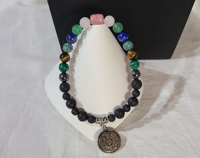 7 in stretch bracelet, Taurus Bracelet, Zodiac Bracelet, Rhodonite, rose quartz, green aventurine, lapis, jade, tiger eye, malachite, pyrite