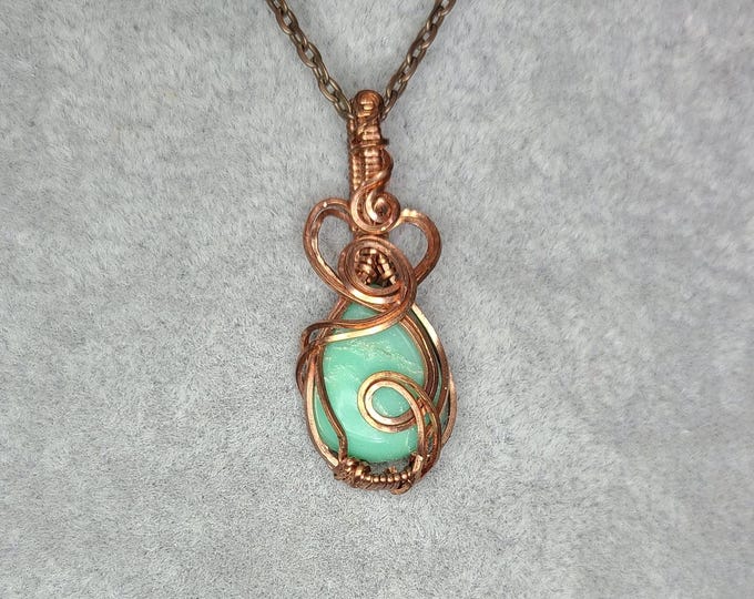 small wire wrapped pendant, chrysoprase, gifts for her, handmade, necklace, pendant, copper necklace, abundance, self-awareness, self-love