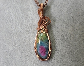 Ruby in fuchsite, wire wrapped pendant, gifts for her, handmade, necklace, pendant, copper necklace, loving energy, passion, courage.