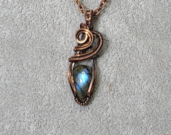 pendant, copper, labradorite necklace, wire wrap, gift for her, handmade, transformation, third eye clarity, truth, flexibility