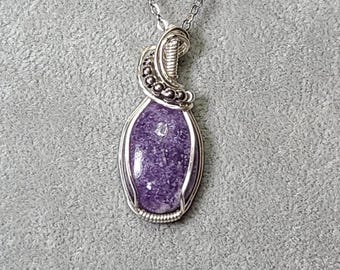 lepidolite, sterling silver plated copper, wrapped necklace, wrapped pendant, gifts for her, handmade, emotional balance, soothing,