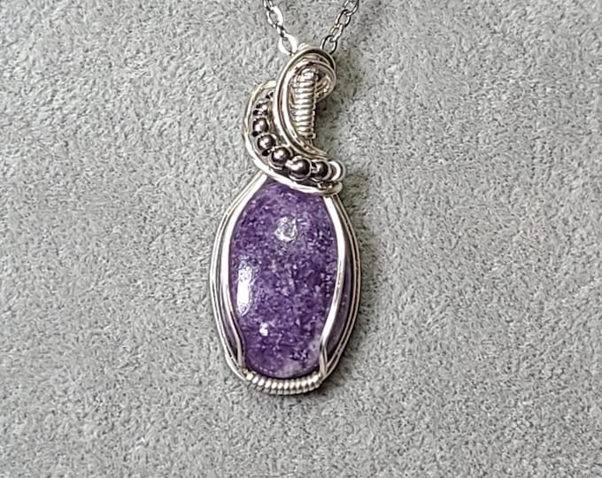 sterling silver plated copper, lepidolite, wrapped necklace, wrapped pendant, gifts for her, handmade, emotional balance, soothing,