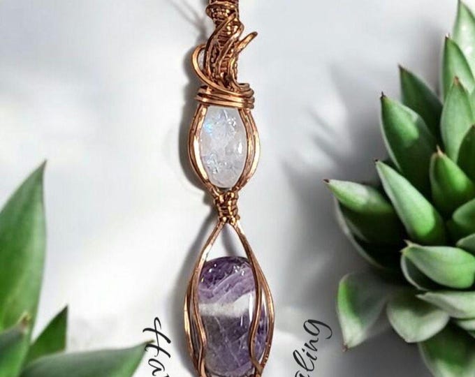 Moonstone, Amethyst, Wire wrapped necklace, wire wrap, handmade, gifts for her, pendant, harmony, transformation, together heal intuitively