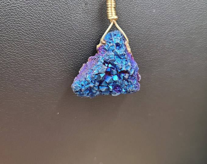 Blue Druzy Agate Necklace, Blue Necklace, Enhance creativity necklace, Inner strength Necklace Gold wrap necklace.