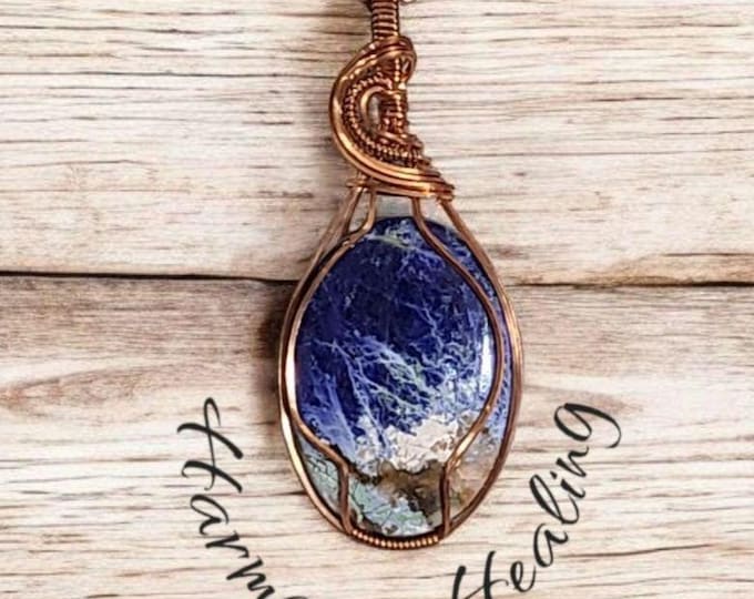 Sodalite, Wire wrapped necklace, wire wrap, handmade, gifts for her, pendant, wisdom, clarity of thought, creativity, & cosmic beauty.