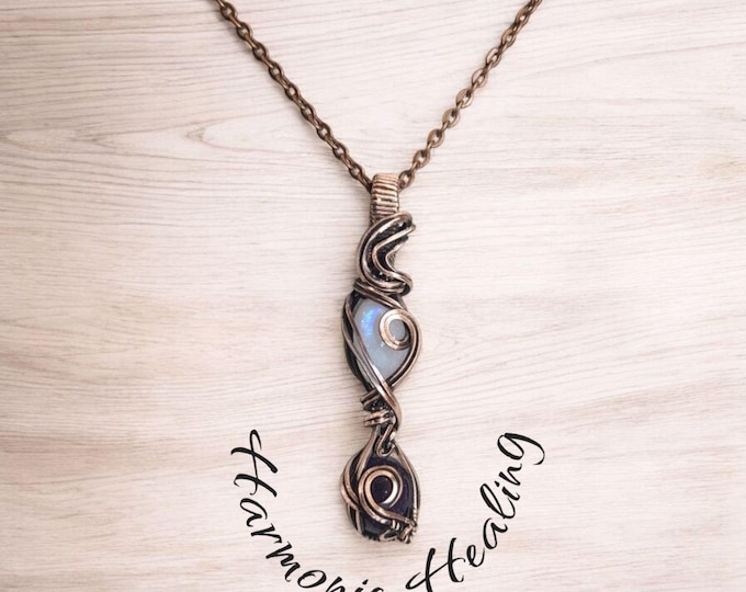 Moonstone, Amethyst, Wire wrapped necklace, wire wrap, handmade, gifts for her, pendant, harmony, transformation, together heal intuitively