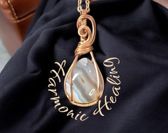 Agate wrapped necklace, wire wrapped pendant, Copper wrapped Agate, handmade, awareness, overcoming anger, release negativity, gifts for her