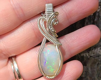 Ethiopian opal, 14 carat, Wire wrapped necklace, wire wrap, handmade, gifts for her, pendant, hope, luck, innocence, enthusiasm, creativity