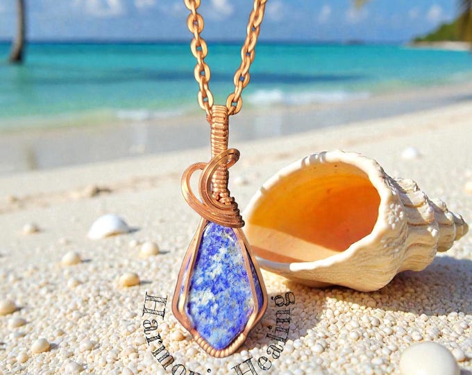 Lapis wrapped necklace, wire wrapped pendant, Copper, handmade, gift for her,