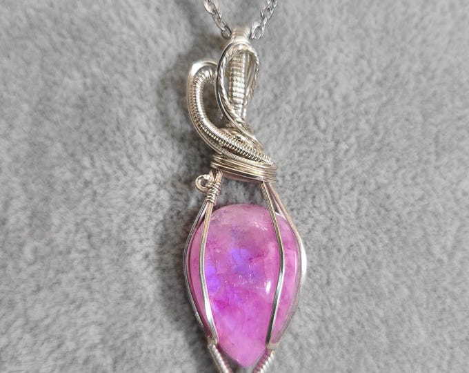 Wire wrap, Pendant, pink, dyed, Moonstone, gift for her, handmade, feminine energy, intuition, wire wrapped necklace