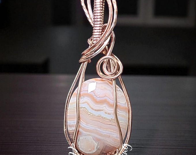 Crazy Lace Agate wrapped necklace, wire wrapped pendant, rose gold, wrapped, Crazy Lace, Happiness Stone, Large Pendant, fortune, peace.