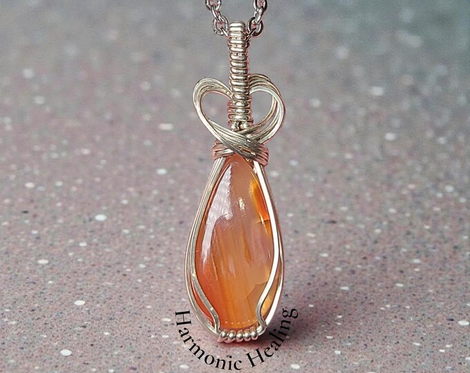 carnelian necklace, small sterling silver, wire wrapped pendant, gift for her, spiritual grounding, stimulates the root chakra, bold action.