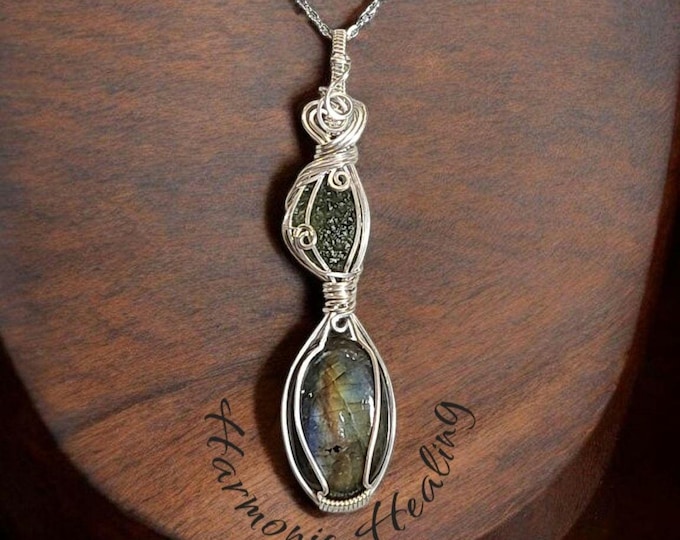 Transformation Pendant, Moldavite, Labradorite, Wire wrapped necklace, wire wrap, handmade, gifts for her, let go of whats no longer serving