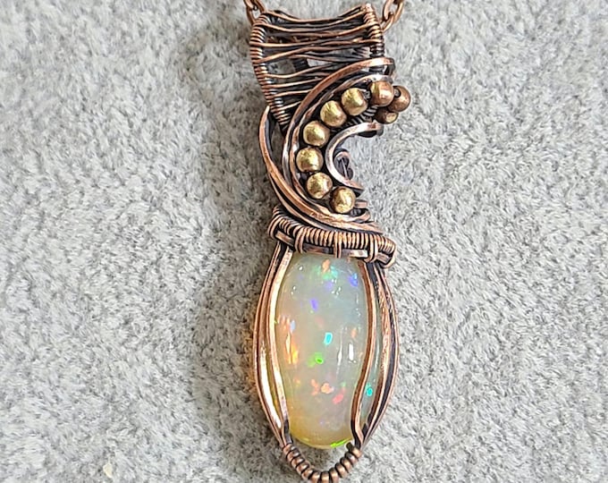 Ethiopian opal, 8.5 carat, Wire wrapped necklace, wire wrap, handmade, gifts for her, pendant, hope, luck, innocence, enthusiasm, creativity