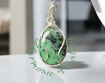 Jade wrapped necklace, wire wrapped pendant, sterling silver wrapped Jade, Longevity Stone, Medium Pendant, Wisdom, Protection, Creativity.