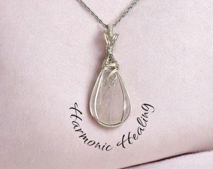 Rose Quartz, Wire wrapped necklace, wire wrap, handmade, gifts for her, pendant, kindness, love, Helps restore trust & harmony, heart chakra
