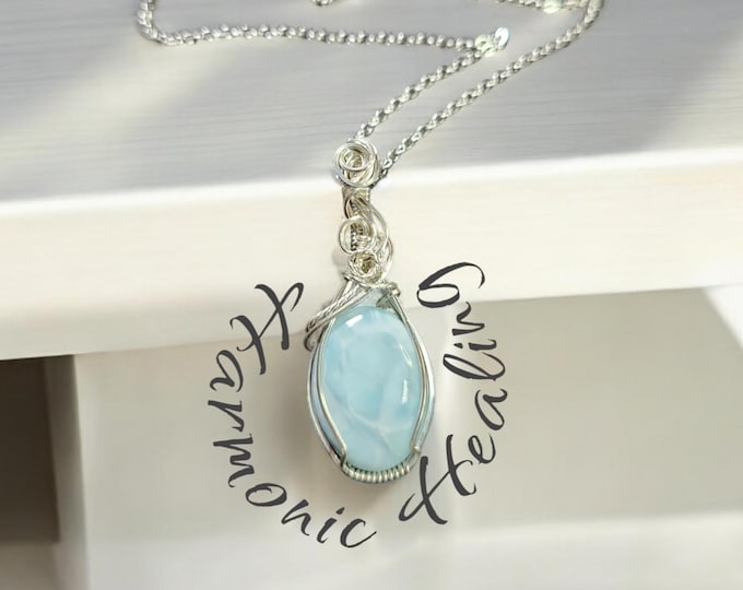 Larimar, pendant, necklace, sterling silver, calming, inner peace, communication, blue, throat chakra, tranquility, peace, clarity.
