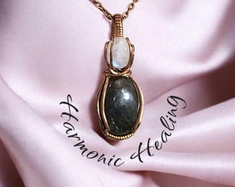 Moonstone, Labradorite, double pendant, Wire wrapped necklace, wire wrap, handmade, gifts for her, connect with divine, feminine energy