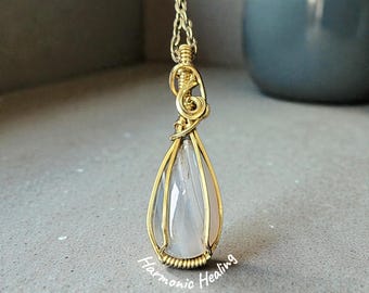 Agate wrapped necklace, wire wrapped pendant, brass wrapped Agate, handmade, awareness, overcoming anger, release negativity, gift for her