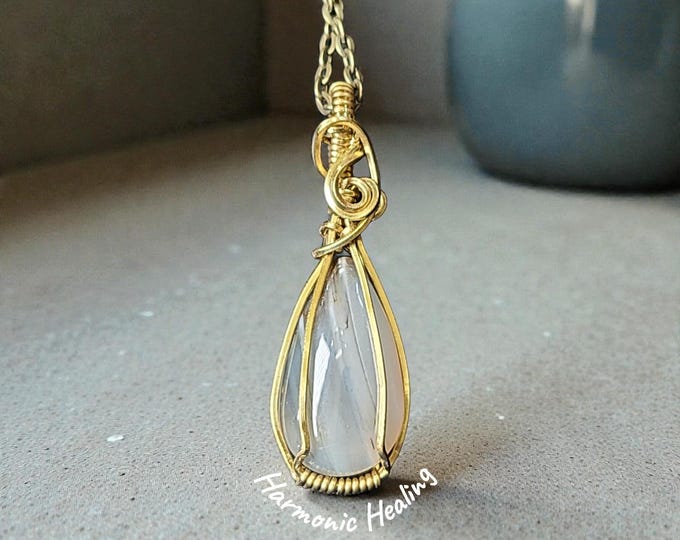 Agate wrapped necklace, wire wrapped pendant, brass wrapped Agate, handmade, awareness, overcoming anger, release negativity, gift for her