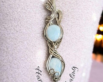 Larimar, double stone, Wire wrapped necklace, wire wrap, handmade, gifts for her, pendant, calming, soothing energy, inner peace, clarity