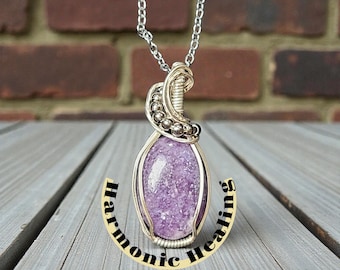 lepidolite, sterling silver plated copper, wrapped pendant, gifts for her, handmade, emotional balance, soothing, wire wrapped necklace