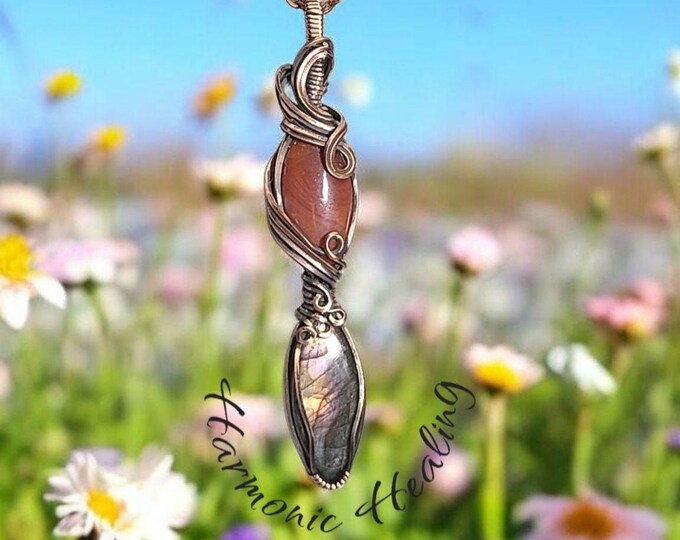 Carnelian, Labradorite double pendant, Wire wrapped necklace, wire wrap, handmade, gifts for her, balanced boost of both action & insight