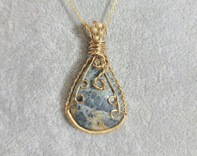Marcasite, Wire wrapped necklace, wire wrap, handmade, gifts for her, pendant, gold necklace, connection with chakras, protection, wisdom.