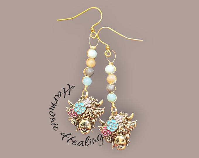 Handmade, Amazonite, earrings, fishhook earrings, Gold earring, gifts for her, highland cow gifts.
