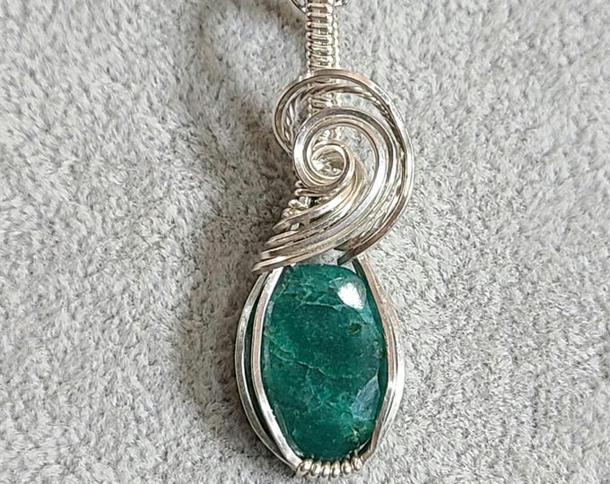 Emerald, Sterling Silver Pendant, Wire wrapped necklace, wire wrap, handmade, gifts for her, pendant, heart chakra, emotional balance